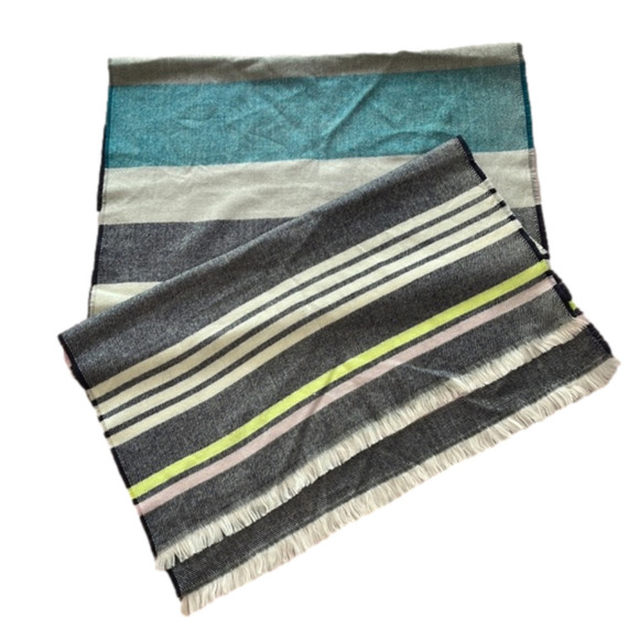 Gap Multi striped blanket scarf. Soft Pink Grey white & green. Fringed ends - Picture 10 of 11